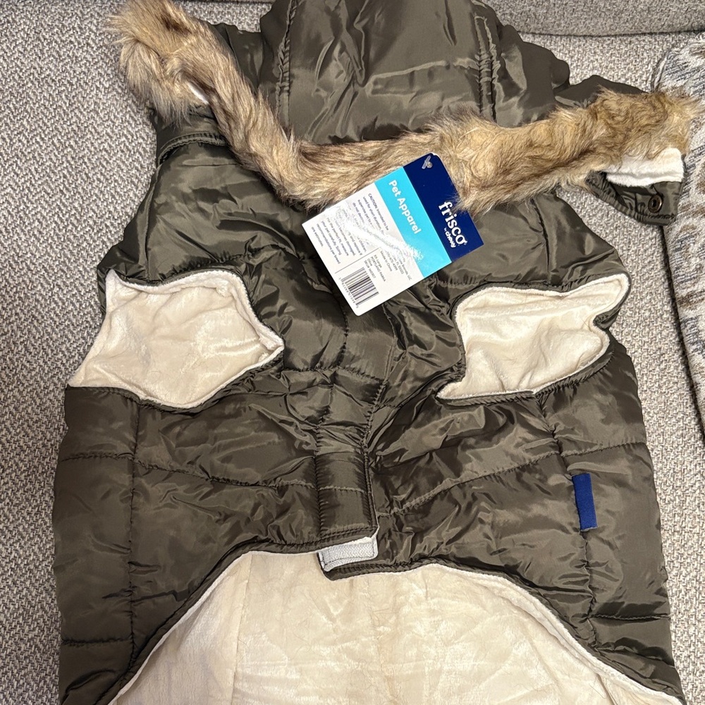 Dog Olive Green Puffer Jacket with Faux Fur Trim